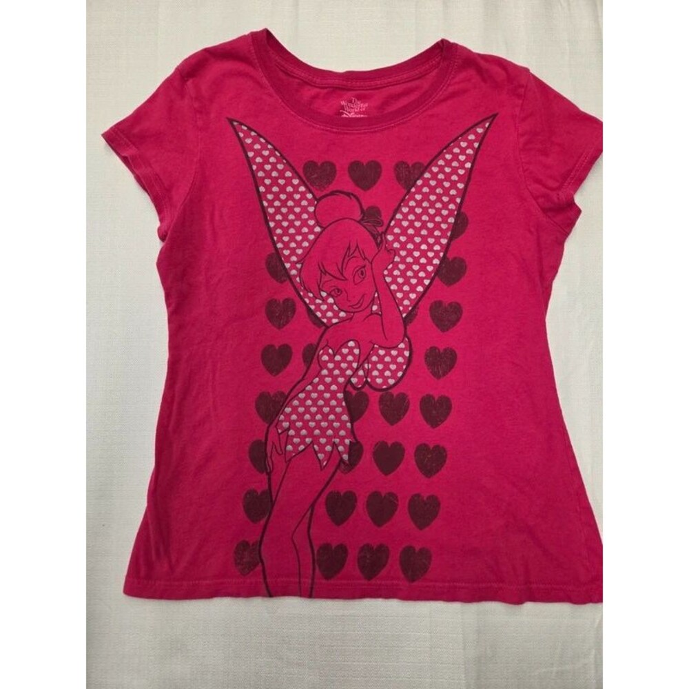 Vintage Y2K Disney Tinkerbell Pink Heart Glitter Graphic Tee (Womens Small or Yo